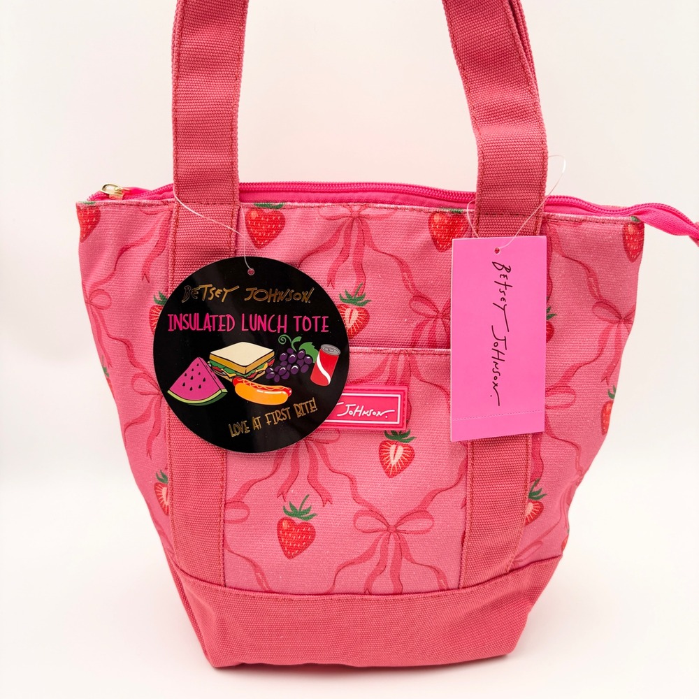 Betsey Johnson Pink Red Strawberry Bow Insulated Canvas Lunch Tote Bag NWT